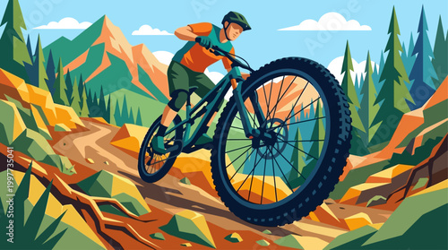 This flat design illustration showcases a mountain biker tackling a rugged off-road trail during a race, emphasizing the challenge of the terrain.