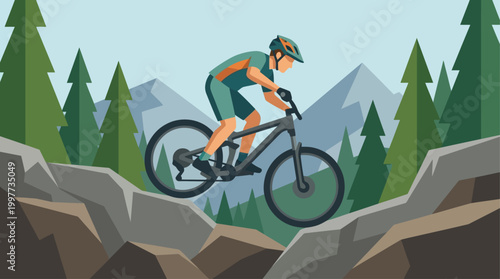 This flat design illustration showcases a mountain biker tackling a rugged off-road trail during a race, emphasizing the challenge of the terrain.