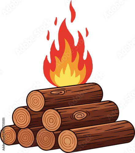 cartoon style illustration of burning wood fire in a fireplace with warm glowing flames