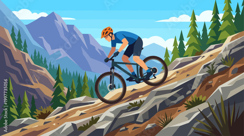 This flat design illustration showcases a mountain biker tackling a rugged off-road trail during a race, emphasizing the challenge of the terrain.