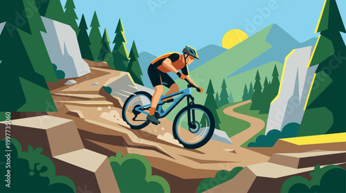 This flat design illustration showcases a mountain biker tackling a rugged off-road trail during a race, emphasizing the challenge of the terrain.