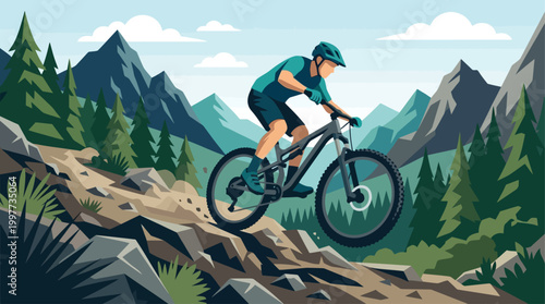 This flat design illustration showcases a mountain biker tackling a rugged off-road trail during a race, emphasizing the challenge of the terrain.
