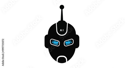 Black robot head with blue eyes and ai on forehead