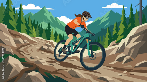 This flat design illustration showcases a mountain biker tackling a rugged off-road trail during a race, emphasizing the challenge of the terrain.