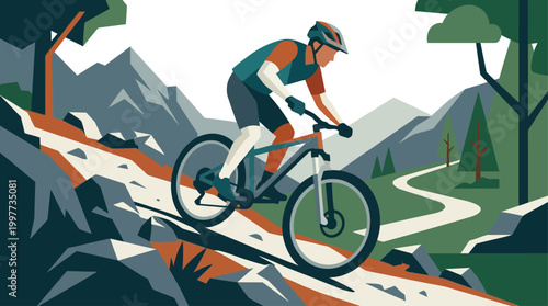 This flat design illustration showcases a mountain biker tackling a rugged off-road trail during a race, emphasizing the challenge of the terrain.
