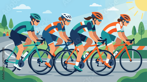 This empowering flat design illustration features a group of female cyclists demonstrating strength and determination in a competitive road race.