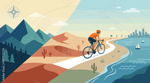 An imaginative flat design illustration of a cyclist racing through diverse global landscapes, symbolizing the international scale and adventurous spirit of a worldwide competition.