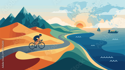 An imaginative flat design illustration of a cyclist racing through diverse global landscapes, symbolizing the international scale and adventurous spirit of a worldwide competition.