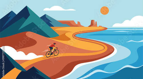 An imaginative flat design illustration of a cyclist racing through diverse global landscapes, symbolizing the international scale and adventurous spirit of a worldwide competition.