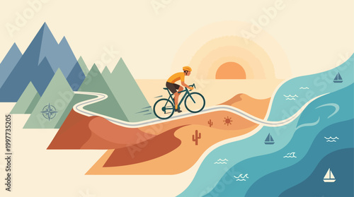 An imaginative flat design illustration of a cyclist racing through diverse global landscapes, symbolizing the international scale and adventurous spirit of a worldwide competition.