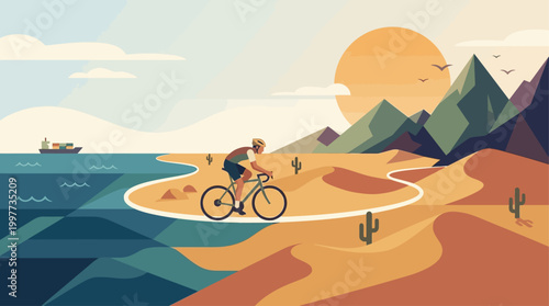 An imaginative flat design illustration of a cyclist racing through diverse global landscapes, symbolizing the international scale and adventurous spirit of a worldwide competition.