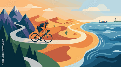 An imaginative flat design illustration of a cyclist racing through diverse global landscapes, symbolizing the international scale and adventurous spirit of a worldwide competition.