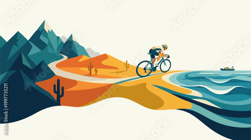 An imaginative flat design illustration of a cyclist racing through diverse global landscapes, symbolizing the international scale and adventurous spirit of a worldwide competition.