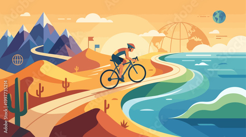An imaginative flat design illustration of a cyclist racing through diverse global landscapes, symbolizing the international scale and adventurous spirit of a worldwide competition.