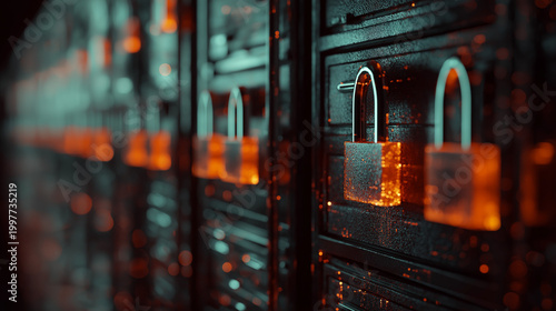 Rows of server racks featuring glowing orange padlocks depict robust data center security and digital infrastructure protection.