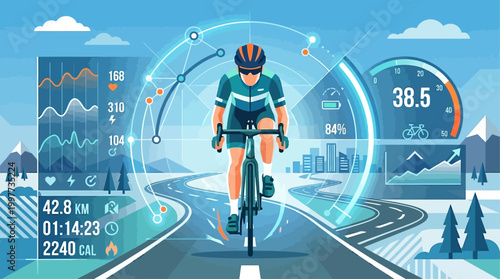 This flat design illustration elegantly combines a cyclist in motion with abstract data overlays, symbolizing the integration of technology and performance metrics in modern cycling races. 