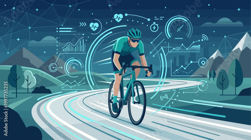 This flat design illustration elegantly combines a cyclist in motion with abstract data overlays, symbolizing the integration of technology and performance metrics in modern cycling races. 