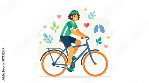 This uplifting flat design illustration portrays a happy cyclist surrounded by health symbols, emphasizing the significant wellness benefits of cycling, beyond just competition.