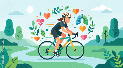 This uplifting flat design illustration portrays a happy cyclist surrounded by health symbols, emphasizing the significant wellness benefits of cycling, beyond just competition.