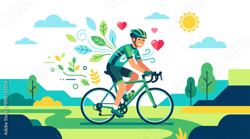 This uplifting flat design illustration portrays a happy cyclist surrounded by health symbols, emphasizing the significant wellness benefits of cycling, beyond just competition.