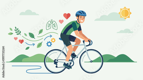 This uplifting flat design illustration portrays a happy cyclist surrounded by health symbols, emphasizing the significant wellness benefits of cycling, beyond just competition.