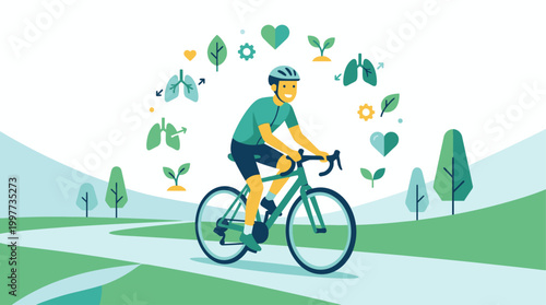 This uplifting flat design illustration portrays a happy cyclist surrounded by health symbols, emphasizing the significant wellness benefits of cycling, beyond just competition.