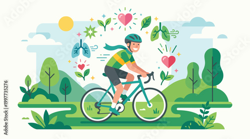 This uplifting flat design illustration portrays a happy cyclist surrounded by health symbols, emphasizing the significant wellness benefits of cycling, beyond just competition.