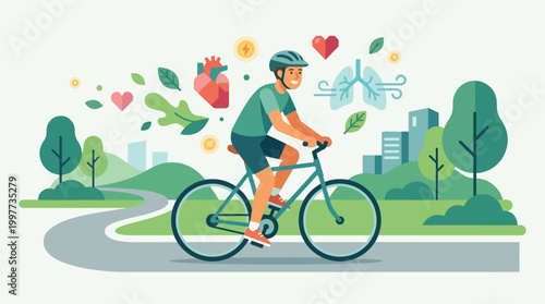 This uplifting flat design illustration portrays a happy cyclist surrounded by health symbols, emphasizing the significant wellness benefits of cycling, beyond just competition.