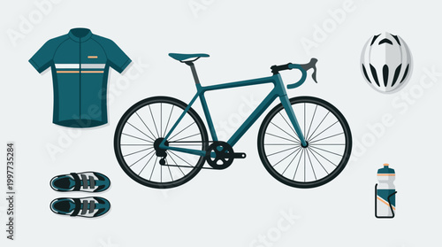 This flat design illustration presents a clean and organized display of essential cycling race gear and equipment.