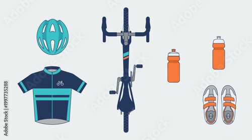This flat design illustration presents a clean and organized display of essential cycling race gear and equipment.
