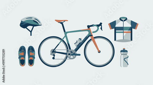 This flat design illustration presents a clean and organized display of essential cycling race gear and equipment.
