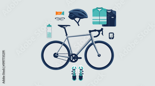 This flat design illustration presents a clean and organized display of essential cycling race gear and equipment.