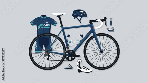 This flat design illustration presents a clean and organized display of essential cycling race gear and equipment.