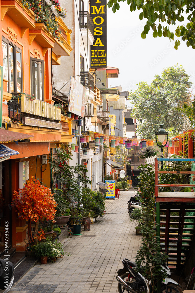 Fototapeta premium a quiet, charming alleyway features a narrow, stone-paved path flanked by colorful buildings, including one with a striking orange and yellow facade adorned with potted plants and traditional decorati