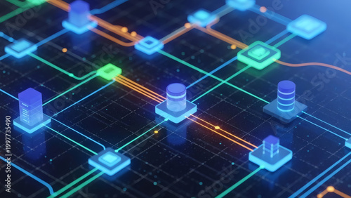 Digital Data Network with Glowing Nodes and Isometric Server Links