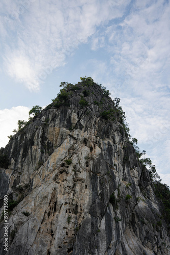 a majestic limestone cliff face under a blue sky, characterized by sparse vegetation and a rugged, weathered texture