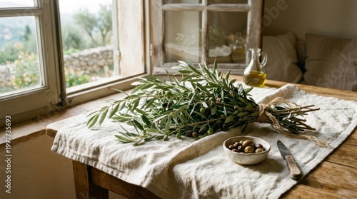 Olive branch display on a wooden table near a window with natural light.