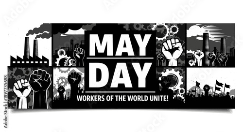 Striking monochrome illustration of unified global labor movement, portraying workers' solidarity and collective power for social justice and economic change