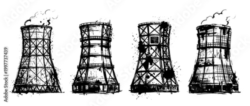 cooling tower , Grunge brush distressed paint splatter vector set 