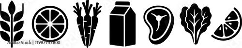 Essential food groups black silhouette icons representing grain, fruit, vegetables, dairy, and meat, perfect for nutrition guides, grocery applications, and healthy lifestyle advertisements.