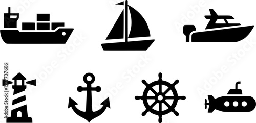 Black and white hand drawn outline collection of various maritime and nautical objects and water transport vehicles including ships boats lighthouse anchor and lifebuoy for diverse design