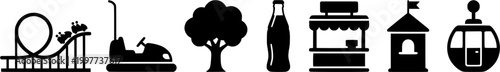 Amusement park icons roller coaster, bumper car, cotton candy, soda, and ticket booth for fun designs
