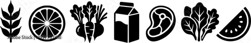 Essential food groups black silhouette icons representing grain, fruit, vegetables, dairy, and meat, perfect for nutrition guides, grocery applications, and healthy lifestyle advertisements.
