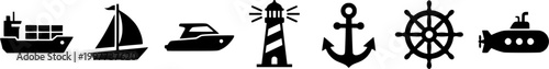 Black and white hand drawn outline collection of various maritime and nautical objects and water transport vehicles including ships boats lighthouse anchor and lifebuoy for diverse design