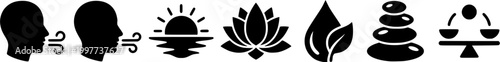 Wellness and relaxation icon set showcasing symbols for breathing, natural environment, lotus flower, essential oil droplet, and stacked meditation stones for health applications. 