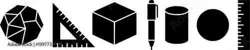 Stylized solid black icons for fundamental geometric shapes and essential drafting instruments offering versatile visual assets for educational content and professional architectural