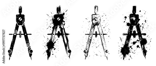 drafting compass , Grunge brush distressed paint splatter vector set 