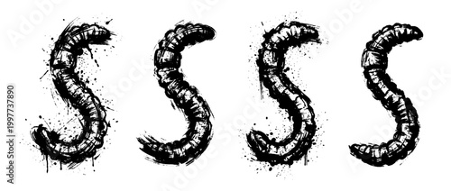 earthworm , Grunge brush distressed paint splatter vector set 