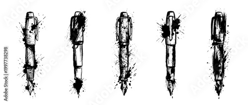fountain pen , Grunge brush distressed paint splatter vector set 