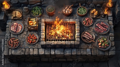 Medieval Feast BBQ Grill with Various Meats and Vegetables.